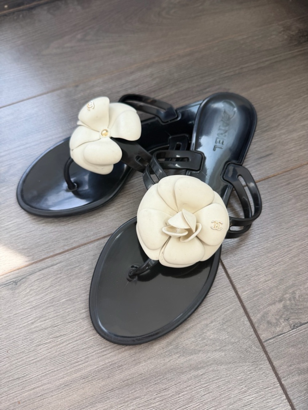 Chanel Women's Black Jelly Sandals with Cream Camellia